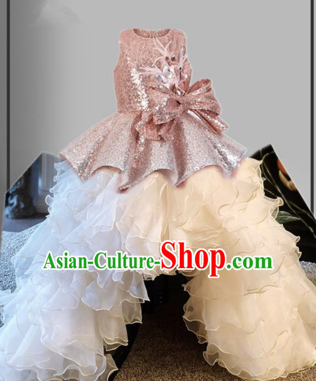 Top Grade Stage Show Costume Catwalks Princess Pink Paillette Trailing Dress for Kids