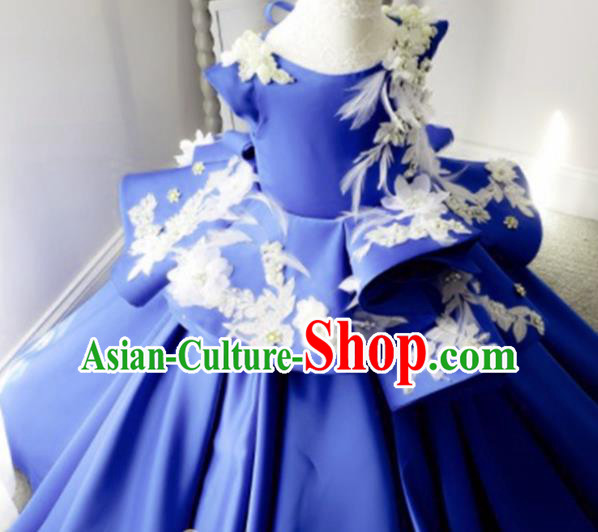 Top Grade Modern Fancywork Court Princess Embroidered Royalblue Dress Catwalks Compere Stage Show Dance Costume for Kids