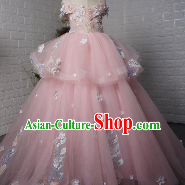 Top Grade Modern Fancywork Court Princess Pink Veil Dress Catwalks Compere Stage Show Dance Costume for Kids