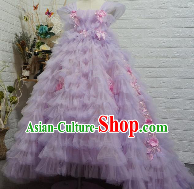 Top Grade Modern Fancywork Court Princess Purple Veil Trailing Dress Catwalks Compere Stage Show Dance Costume for Kids