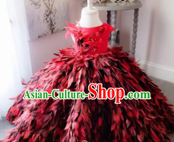 Top Grade Modern Fancywork Court Princess Red Feather Dress Catwalks Compere Stage Show Dance Costume for Kids