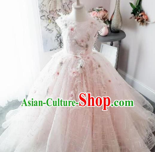 Top Grade Modern Fancywork Court Princess Pink Dress Catwalks Compere Stage Show Dance Costume for Kids