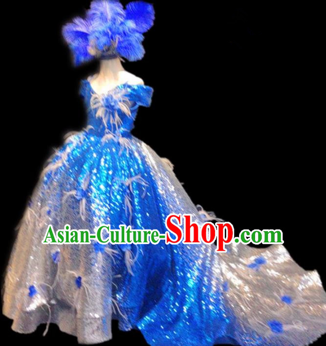 Top Grade Stage Show Costume Catwalks Princess Blue Paillette Trailing Full Dress for Kids