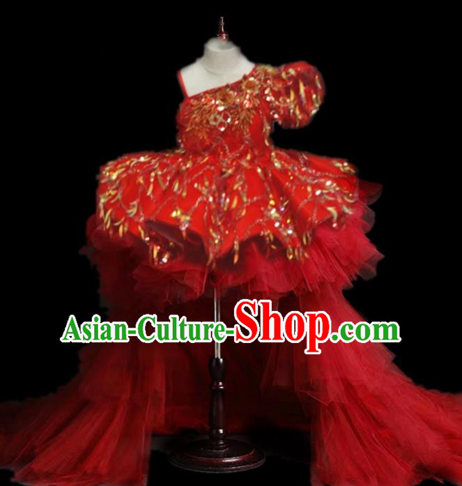Top Grade Stage Show Costume Catwalks Princess Red Veil Paillette Trailing Full Dress for Kids