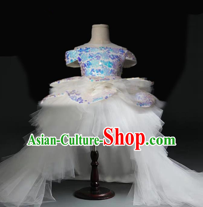 Top Grade Stage Show Costume Catwalks Princess White Veil Trailing Full Dress for Kids