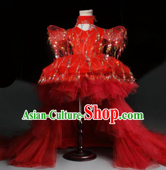 Top Grade Stage Show Costume Catwalks Princess Red Veil Trailing Full Dress for Kids