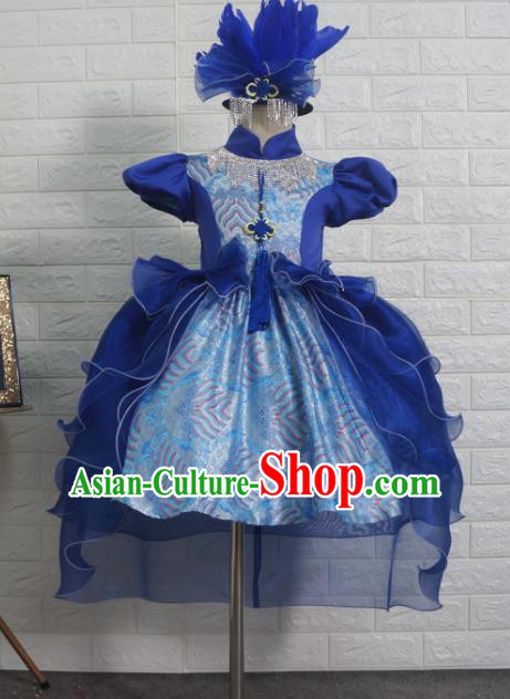 Top Grade Stage Show Costume Catwalks Princess Royalblue Full Dress for Kids