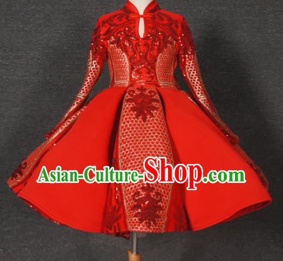 Top Grade Chinese Stage Performance Costume Catwalks Dance Embroidered Red Full Dress for Kids