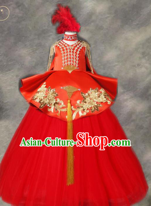 Top Grade Chinese Stage Performance Costume Catwalks Dance Embroidered Red Long Full Dress for Kids