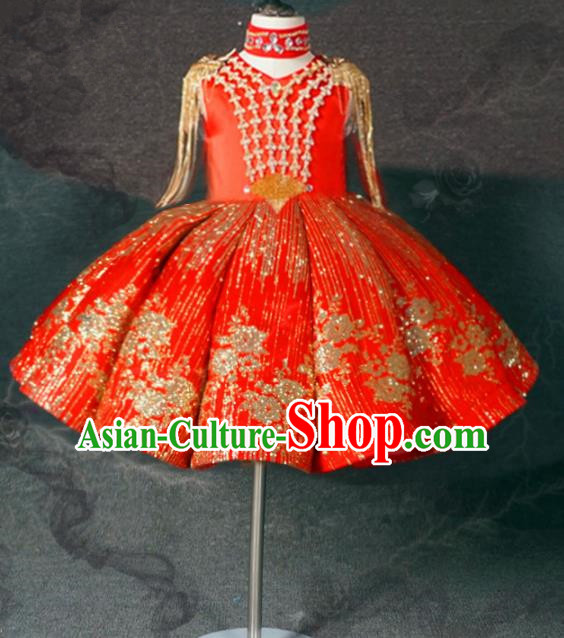 Top Grade Chinese Stage Performance Costume Catwalks Dance Embroidered Red Short Full Dress for Kids