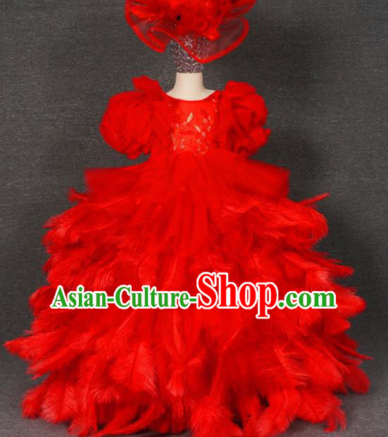 Top Grade Modern Fancywork Court Princess Red Feather Dress Catwalks Compere Stage Show Dance Costume for Kids