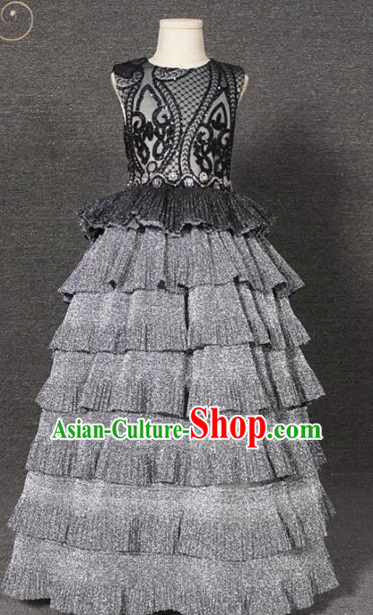 Top Grade Modern Fancywork Court Princess Grey Dress Catwalks Compere Stage Show Dance Costume for Kids