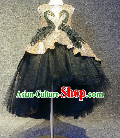 Top Grade Modern Fancywork Court Princess Black Veil Swan Dress Catwalks Compere Stage Show Dance Costume for Kids