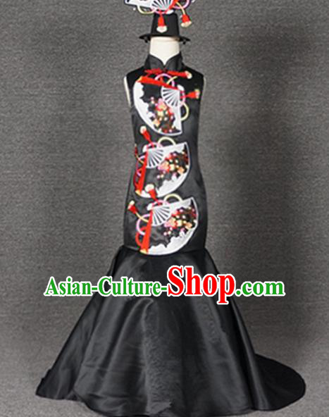 Top Grade Chinese Stage Performance Black Qipao Full Dress Catwalks Dance Embroidered Costume for Kids