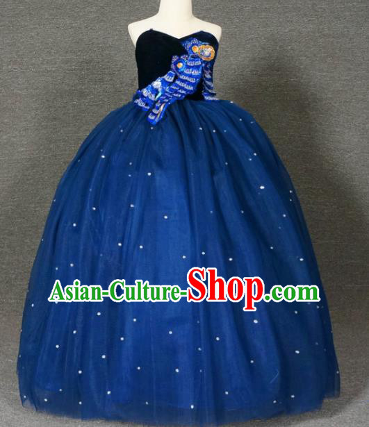 Top Grade Modern Fancywork Court Princess Navy Veil Dress Catwalks Compere Stage Show Dance Costume for Kids