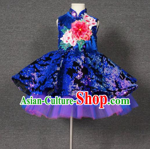 Top Grade Chinese Stage Performance Royalblue Paillette Full Dress Catwalks Dance Embroidered Costume for Kids