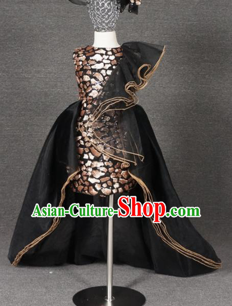 Top Grade Modern Fancywork Court Princess Black Veil Trailing Dress Catwalks Compere Stage Show Dance Costume for Kids