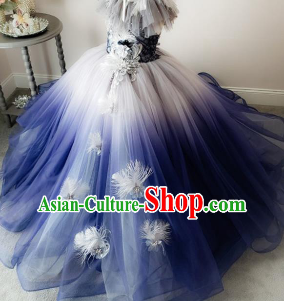 Top Grade Stage Show Costume Catwalks Princess Deep Blue Veil Bubble Full Dress for Kids