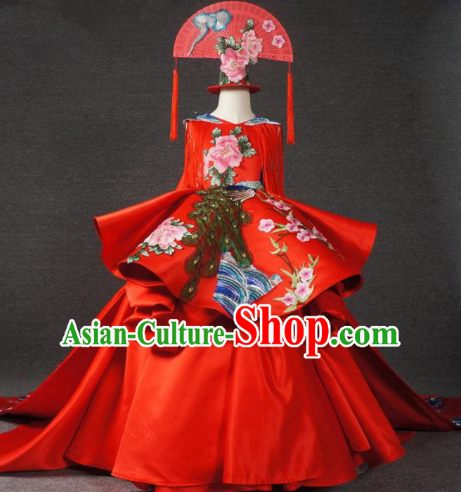 Chinese Stage Performance Embroidered Red Trailing Full Dress Catwalks Modern Fancywork Dance Costume for Kids