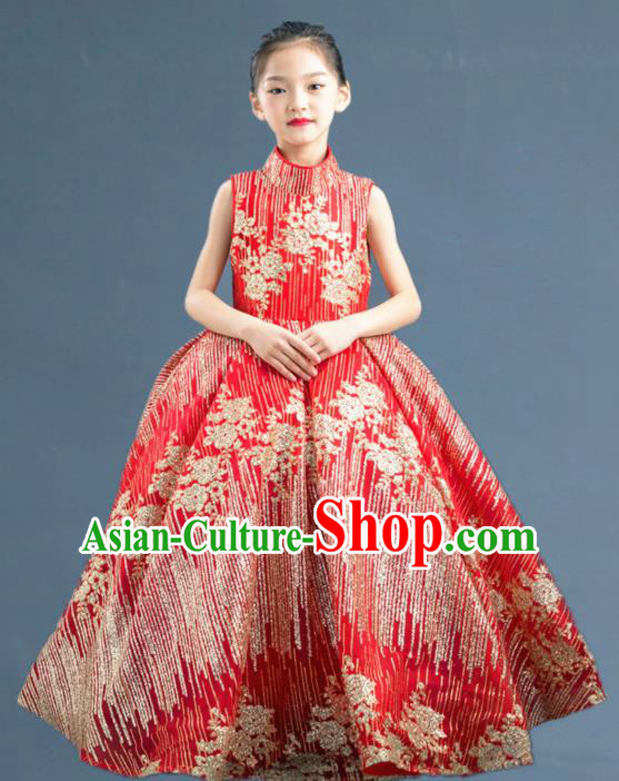 Top Grade Catwalks Court Princess Red Dress Compere Modern Fancywork Stage Show Dance Costume for Kids