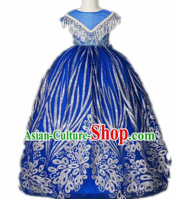 Top Grade Catwalks Court Princess Royalblue Dress Compere Modern Fancywork Stage Show Dance Costume for Kids