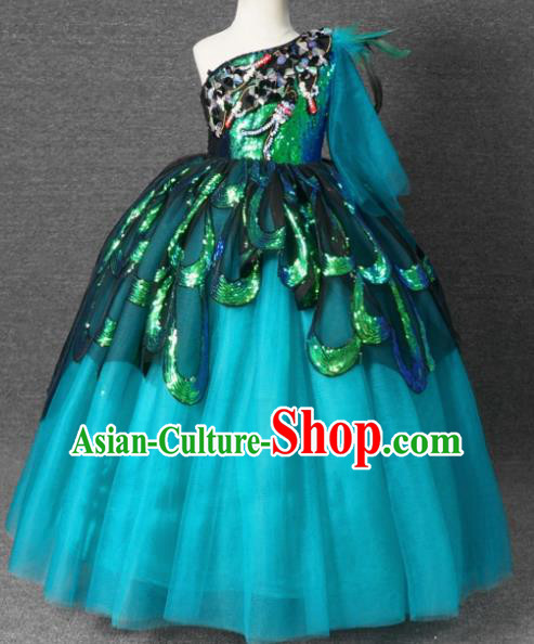 Top Grade Catwalks Court Princess Green Paillette Dress Compere Modern Fancywork Stage Show Dance Costume for Kids