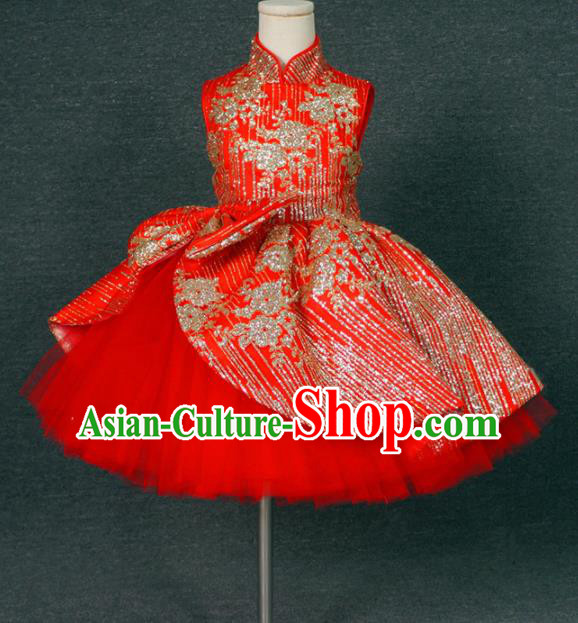 Chinese Stage Performance Embroidered Full Dress Red Qipao Catwalks Modern Fancywork Dance Costume for Kids