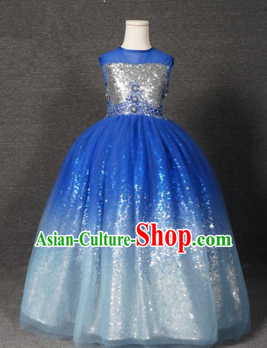 Top Grade Catwalks Court Princess Blue Veil Dress Compere Modern Fancywork Stage Show Dance Costume for Kids