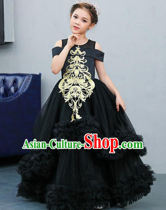 Top Grade Catwalks Court Princess Black Veil Dress Compere Modern Fancywork Stage Show Dance Costume for Kids