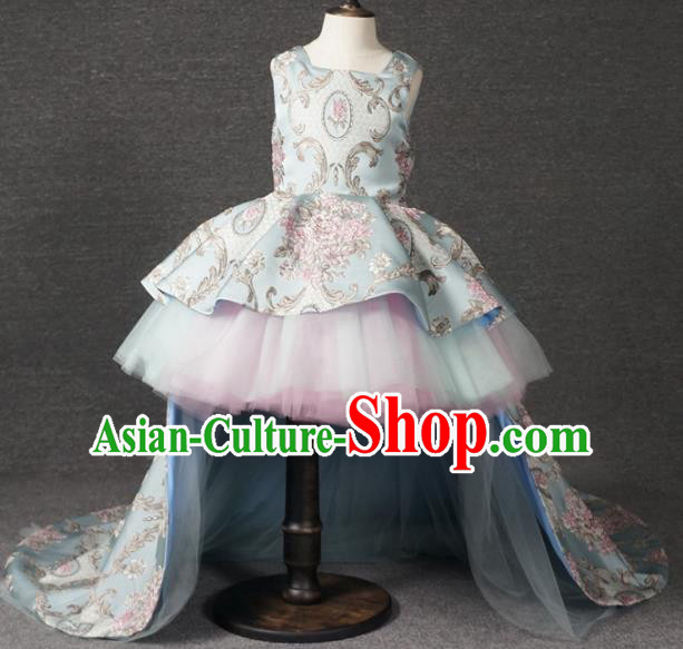 Top Grade Catwalks Court Princess Blue Trailing Dress Compere Modern Fancywork Stage Show Dance Costume for Kids