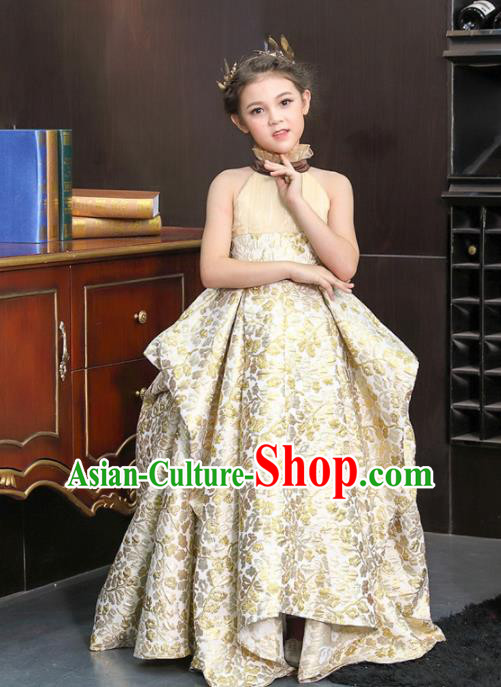 Top Grade Catwalks Court Princess Golden Dress Compere Modern Fancywork Stage Show Dance Costume for Kids