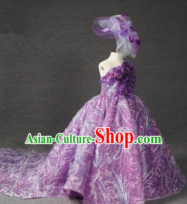 Top Grade Catwalks Court Princess Purple Trailing Dress Compere Modern Fancywork Stage Show Dance Costume for Kids