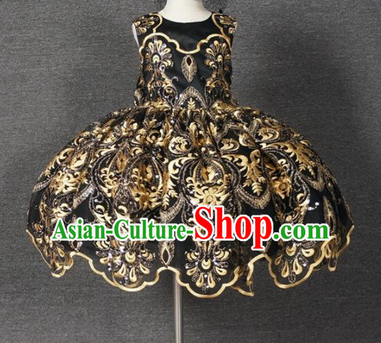 Top Grade Modern Fancywork Court Princess Embroidered Black Dress Catwalks Compere Stage Show Dance Costume for Kids