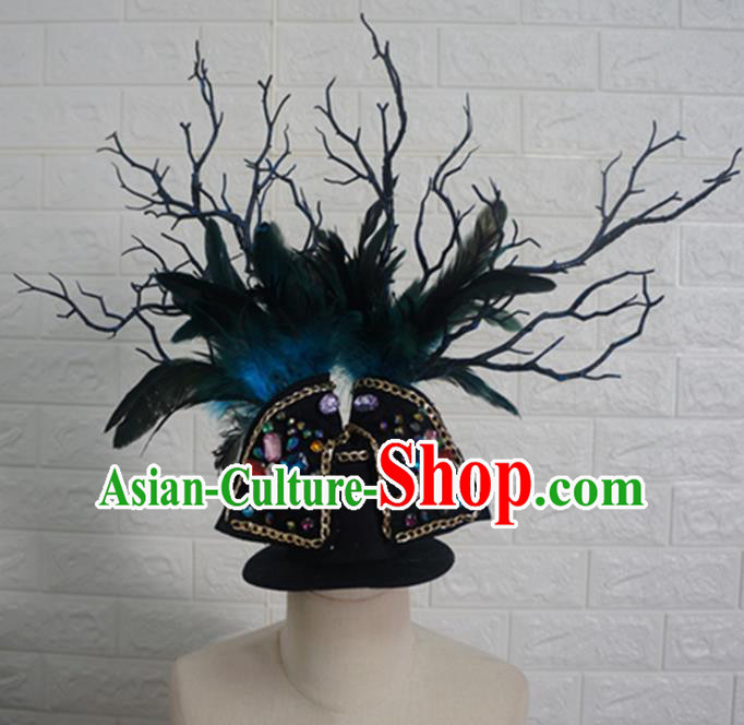 Top Grade Handmade Stage Show Hair Accessories Halloween Cosplay Green Feather Top Hat Headwear for Kids