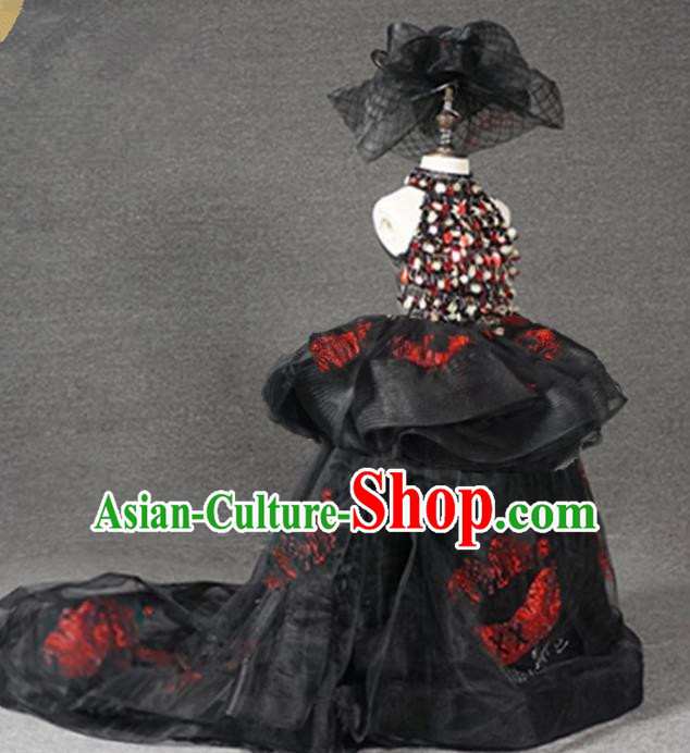 Top Grade Catwalks Stage Show Black Trailing Dress Modern Fancywork Compere Court Princess Dance Costume for Kids