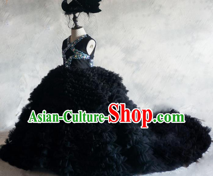 Top Grade Catwalks Stage Show Black Veil Trailing Dress Modern Fancywork Compere Court Princess Dance Costume for Kids