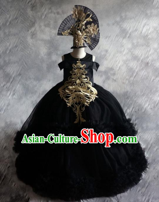 Top Grade Catwalks Stage Show Black Veil Dress Modern Fancywork Compere Court Princess Dance Costume for Kids