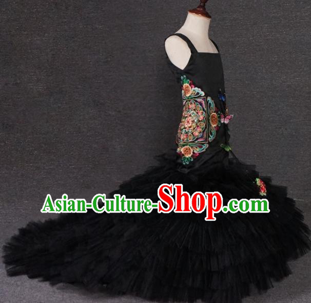 Top Grade Catwalks Stage Show Black Veil Trailing Dress Modern Fancywork Compere Court Princess Dance Costume for Kids