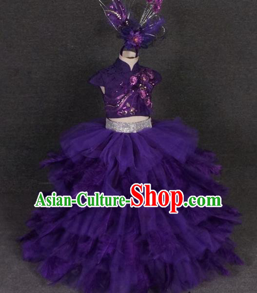 Top Grade Catwalks Stage Show Purple Feather Dress Modern Fancywork Compere Court Princess Dance Costume for Kids