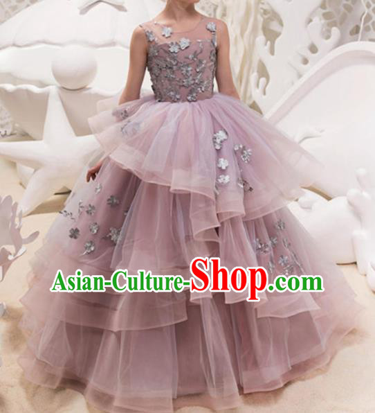 Top Grade Catwalks Stage Show Purple Veil Dress Modern Fancywork Compere Court Princess Dance Costume for Kids