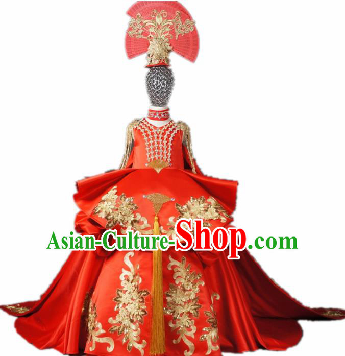 Chinese Stage Performance Embroidered Red Full Dress Catwalks Modern Fancywork Dance Costume for Kids