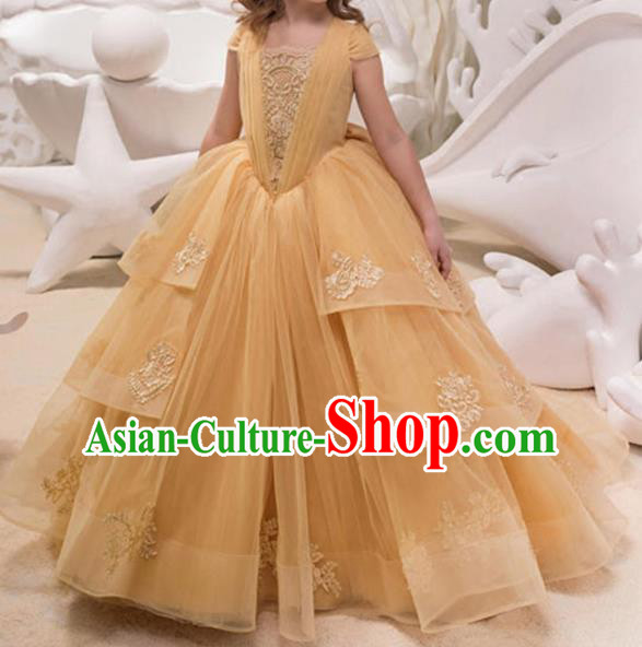 Top Grade Catwalks Stage Show Yellow Veil Dress Modern Fancywork Compere Court Princess Dance Costume for Kids