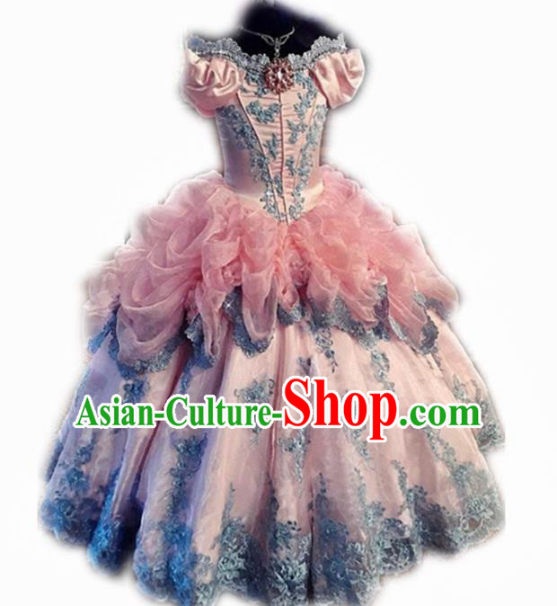 Top Grade Catwalks Stage Show Embroidered Pink Veil Dress Modern Fancywork Compere Court Princess Dance Costume for Kids