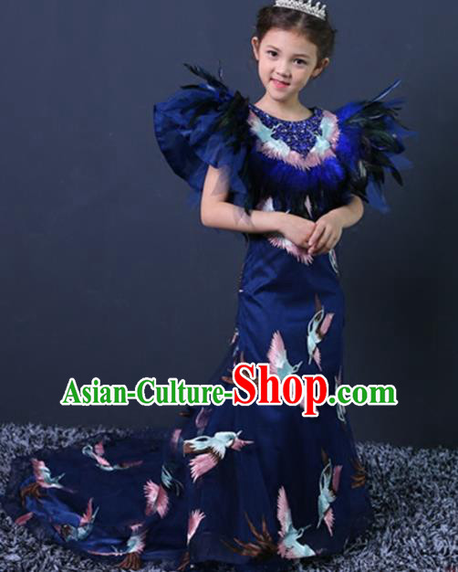 Chinese Stage Performance Embroidered Cranes Blue Full Dress Catwalks Modern Fancywork Dance Costume for Kids