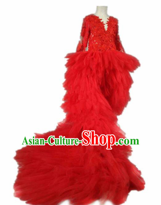 Top Grade Catwalks Stage Show Red Veil Trailing Dress Modern Fancywork Compere Court Princess Dance Costume for Kids