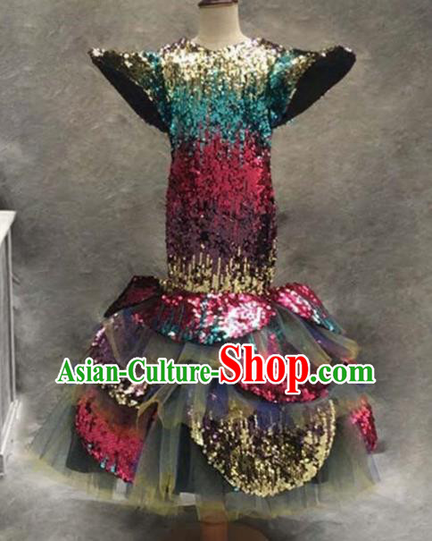 Top Grade Catwalks Stage Show Colorful Paillette Dress Modern Fancywork Compere Court Princess Dance Costume for Kids