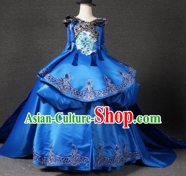 Chinese Stage Performance Embroidered Royalblue Full Dress Catwalks Modern Fancywork Dance Costume for Kids