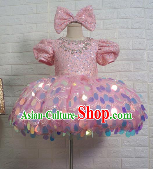 Top Grade Stage Show Costume Catwalks Princess Pink Paillette Bubble Full Dress for Kids