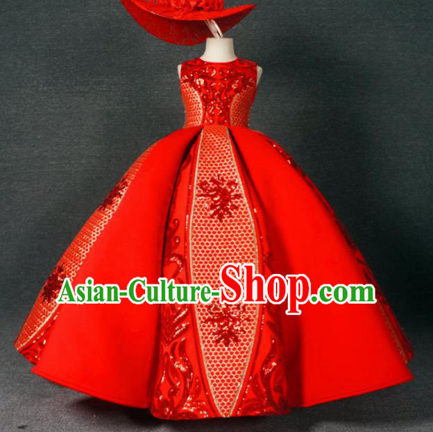 Chinese Stage Performance Embroidered Red Bubble Full Dress Catwalks Modern Fancywork Dance Costume for Kids