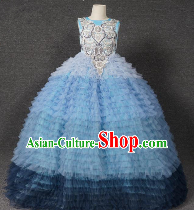 Top Grade Catwalks Court Princess Blue Veil Dress Compere Modern Fancywork Stage Show Dance Costume for Kids